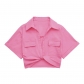 Multi color solid color versatile knot embellishments double pocket short sleeved short shirt T688426161693