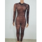 Fashion Snake Printed Round Neck Long Sleeves Perspective Jumpsuit FF1071