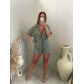 Fashion Casual Set Solid Classic Single breasted One Sleeve Shirt Elastic Waist Shorts Two Piece Set FC0310