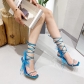 Women's shoes feather rhinestone square head crystal high heel strap sandals ble533-1