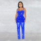 Fashion women's hot diamond mesh suspender sleeveless long pants jumpsuit C6556
