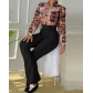 Casual Set Printed Standing Neck Long Sleeve Shirt Top Wide Leg Pants Two Piece Set with Belt HK8238