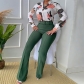 Casual Set Printed Standing Neck Long Sleeve Shirt Top Wide Leg Pants Two Piece Set with Belt HK8238