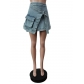 Lace up denim apron 3D pocket denim short skirt F88497
