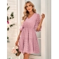 Fashion casual V-neck solid color waistband short sleeved dress 231LQ52735