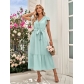 Solid casual waist tied lace V-neck dress for women 231LQ52775