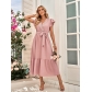 Solid casual waist tied lace V-neck dress for women 231LQ52775