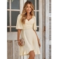 V-neck solid color waistband ruffled summer dress for women 231LQ52934