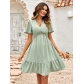 Fresh V-neck Solid Color Ruffle Sleeve Dress for Women 231LQ53099