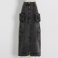 Denim skirt with high waist stitching and worn pocket long skirt CSK869889