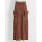 Denim skirt with high waist stitching and worn pocket long skirt CSK869889