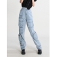 Vintage Washed High Waist Workwear Jeans Fashion Zipper Large Pocket Pants VPA788209