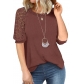 Waffle lace patchwork round neck short sleeved top HLL2004