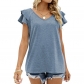 Solid V-neck Double Ruffle Sleeve Loose Top T-shirt HLL3033