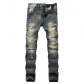 Perforated straight fitting bulletless jeans, tattered men's light denim pants KS958