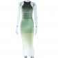 Fashionable printed gradient stripe wrap buttocks sleeveless round neck casual versatile dress JD299055