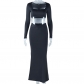 Solid sexy chest wrap square neck long sleeved navel exposed half length skirt fashion casual set JSD710696