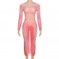 Round Neck Pullover Stripe Mesh Print Perspective Sexy Slim Fit Wrap Hip Dress K23D30730