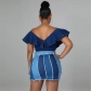 High waisted design with patchwork, washed pleated waistband, denim short skirt, half length skirt DK046