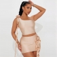 Women's Solid Color One Shoulder Spliced Flower Tank Top Sexy Wood Ear Edge Short Skirt Two Piece Set S3512631G