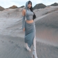 Solid casual long sleeved round neck hooded top slim fitting long skirt set M23ST369