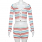 Fashion Polo Collar Cardigan Button Long Sleeve Stripe Contrast Tight Shorts Knit Set W23S33992