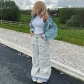 High waisted zipper split panel multi pocket straight tube loose fitting street fashion denim pants KJ02603
