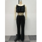Slim fitting pleated patchwork webbing solid color high waisted wide leg two-piece set K2812