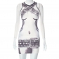 Human body printed sleeveless slim fitting round neck short dress D23DS105
