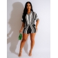 Hollow out perspective contrasting lapel knit shorts set Z0286