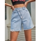 High waisted loose fitting and slimming denim shorts with raw edges YXG35005