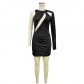 Women's solid color pleated single shoulder round neck short skirt dress C6638