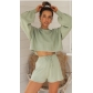 Bubble sleeved top and shorts set, sexy open navel sweater two-piece set W0234