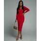 Women's V-neck Solid Knitted Mid length Dress D6491XH