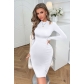 Solid Round Neck Off Shoulder Long Sleeve Temperament Wrapped Hip One Step Dress YD10958