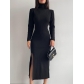 Sexy Split Knitted Long Sleeve Dress Sexy Tight Wrapped Hip Dress FQD1436