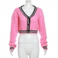 V-neck cardigan contrast exposed navel knitted long sleeved sweater W23L38115