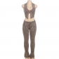 Knitted low collar tank top with high waist and long flared casual pants W23S36685