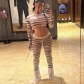 Striped navel exposed long sleeved top slim fitting long flared pants set S3914213G