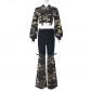 Camouflage long sleeved set, personalized waist revealing elastic denim belt and pants set 9805PD
