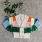 V-neck seven color patchwork three-dimensional knitted sweater W0042