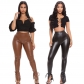 Tight and high elastic straps with micro flared side slit PU leather pants k8705