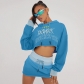 Letter print personalized street hooded short cut with exposed navel and long sleeved hoodie, high waisted and buttocks wrapped skirt set KJ08254