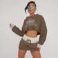 Letter print personalized street hooded short cut with exposed navel and long sleeved hoodie, high waisted and buttocks wrapped skirt set KJ08254