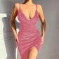 Sexy Sparkling Pink High Split Deep V-Strap Dress AL8765