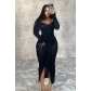 One line neckline wrapped hip skirt with wave pattern long sleeved dress A8050