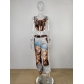 Camouflage vest sexy navel exposed high waisted pants with printed tassel pants set M7963