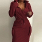 Solid color hooded V-neck top with drawstring tight fitting long skirt set HJ8599