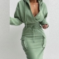 Solid color hooded V-neck top with drawstring tight fitting long skirt set HJ8599