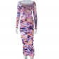 Printed round neck pullover long sleeved pleated waist wrapped buttocks long dress JD299738